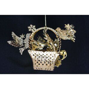 Danbury Mint Gold Plated Christmas Basket Ornament With Birds & Snowflakes
